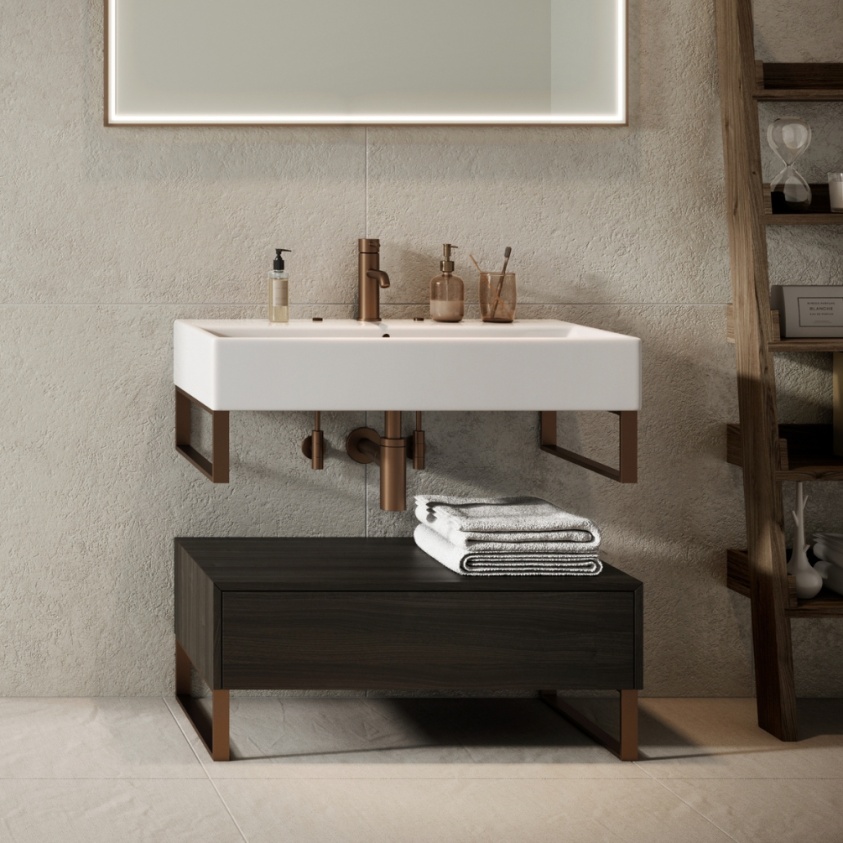 Product Lifestyle image of the Abacus Concept Pure 800mm Basin with Brushed Bronze Towel Hangers paired with the Concept Cloud Lava 800mm Base Unit